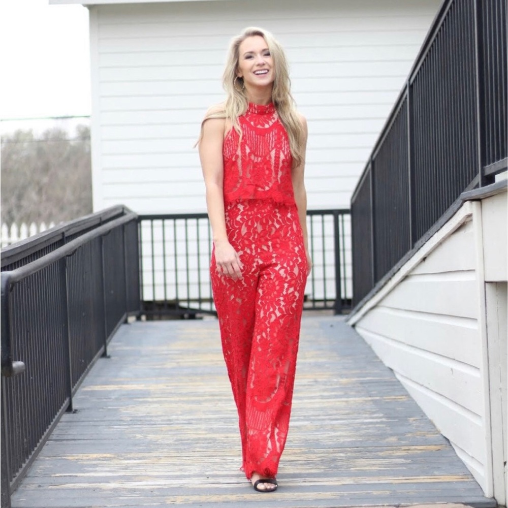Red Lace Jumpsuit Halter Neck Top 1-piece; XS